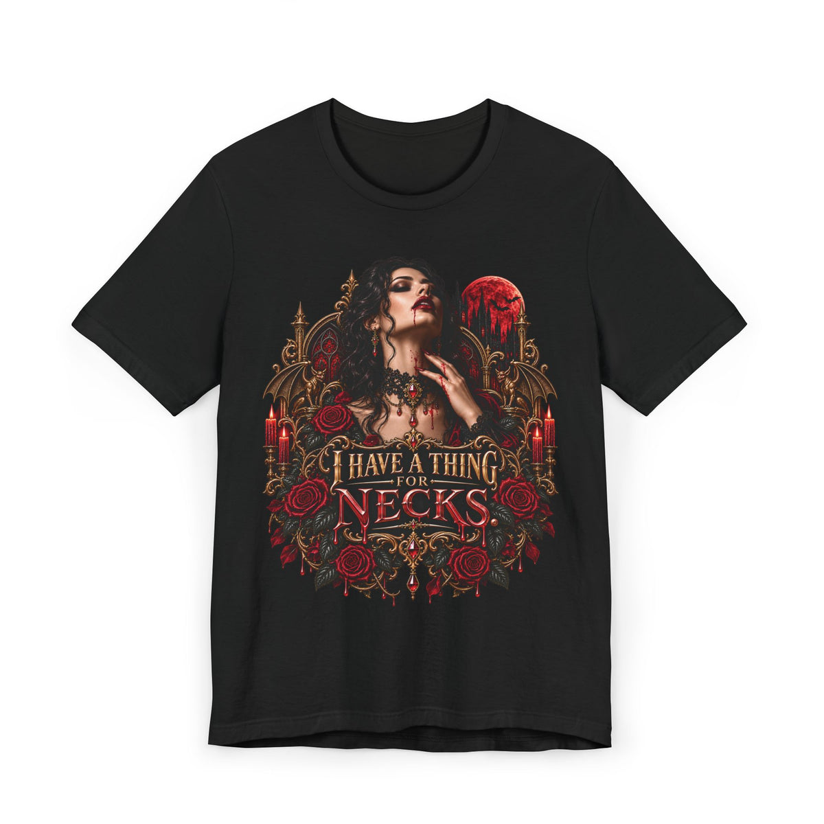 Vampire Goth T-Shirt — "I Have a Thing for Necks" Dark Rose Graphic Tee