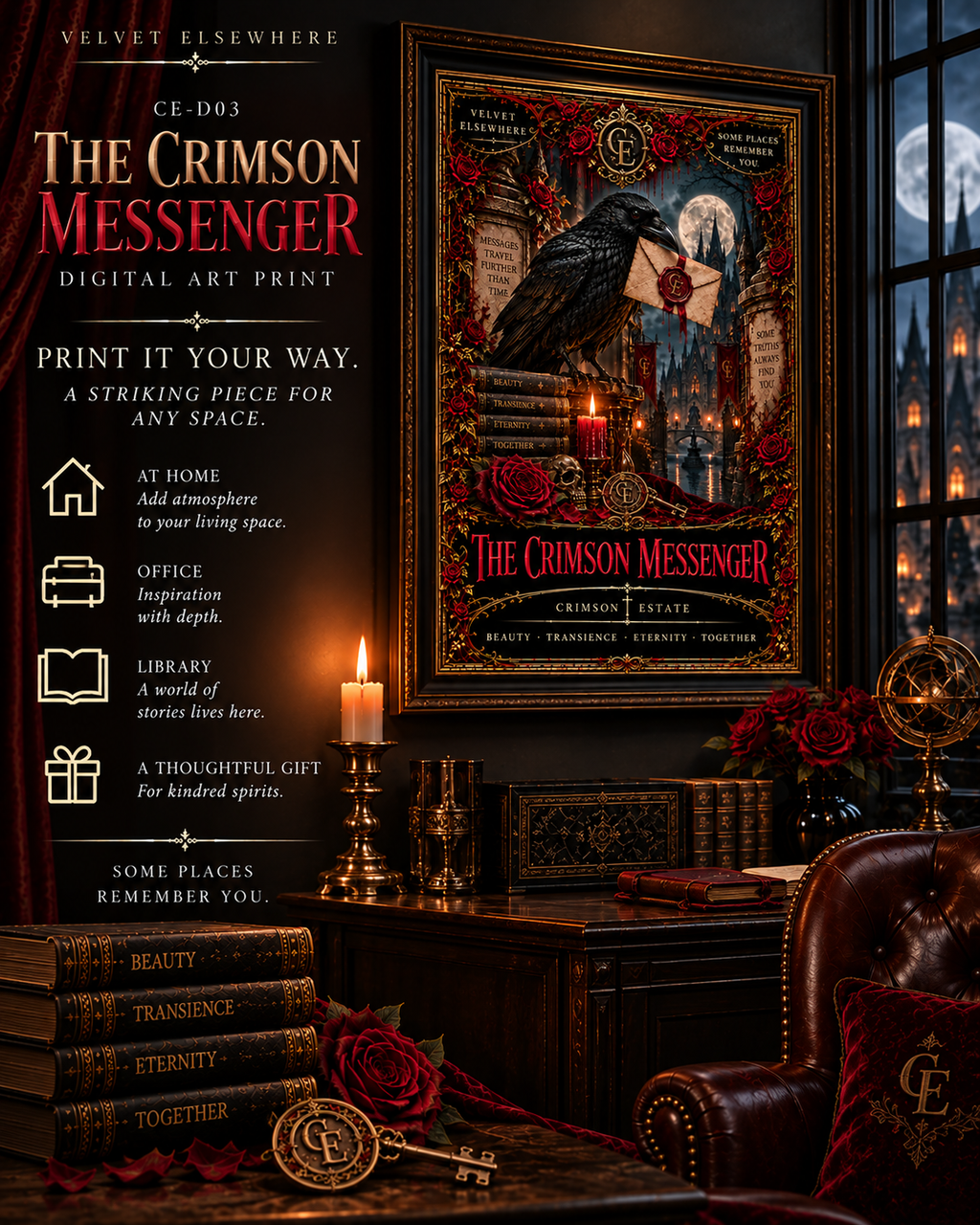 The Crimson Messenger — Gothic Raven Digital Art Print | Crimson Estate
