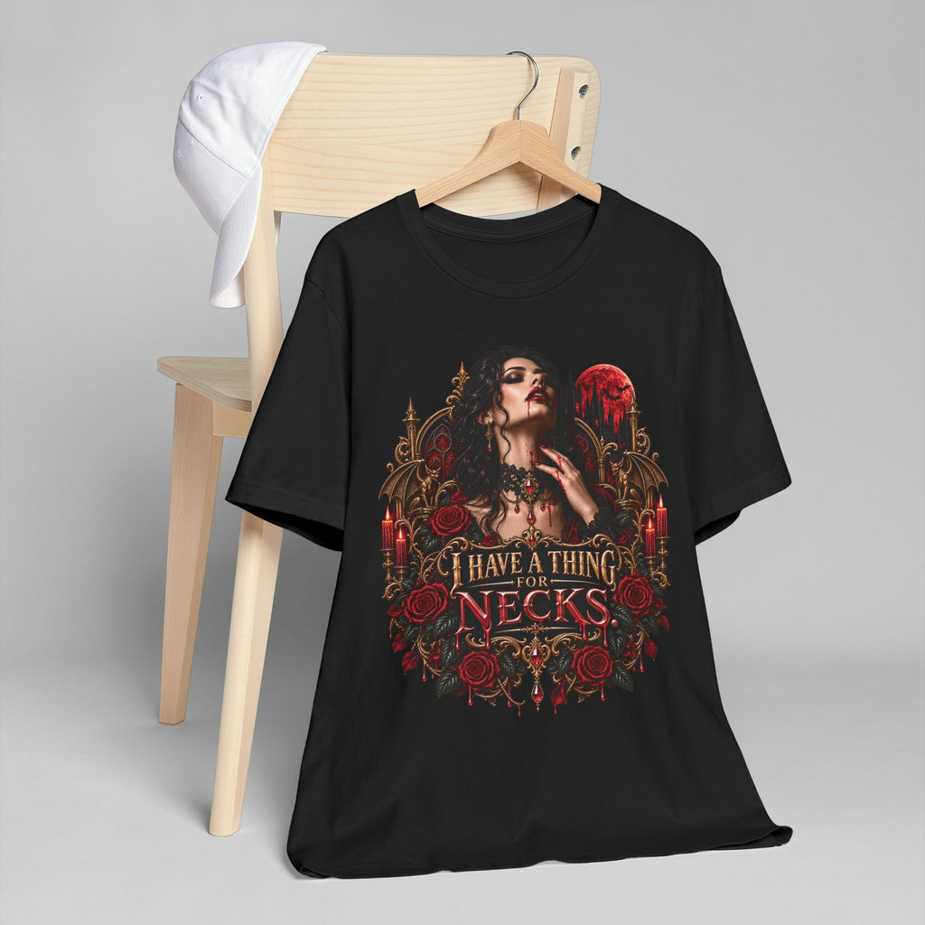 Vampire Goth T-Shirt — "I Have a Thing for Necks" Dark Rose Graphic Tee