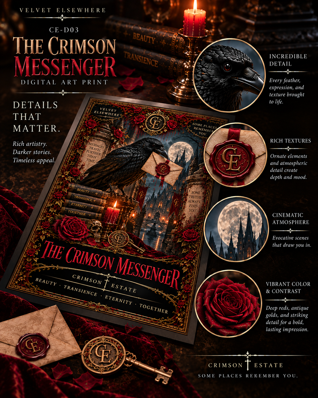 The Crimson Messenger — Gothic Raven Digital Art Print | Crimson Estate