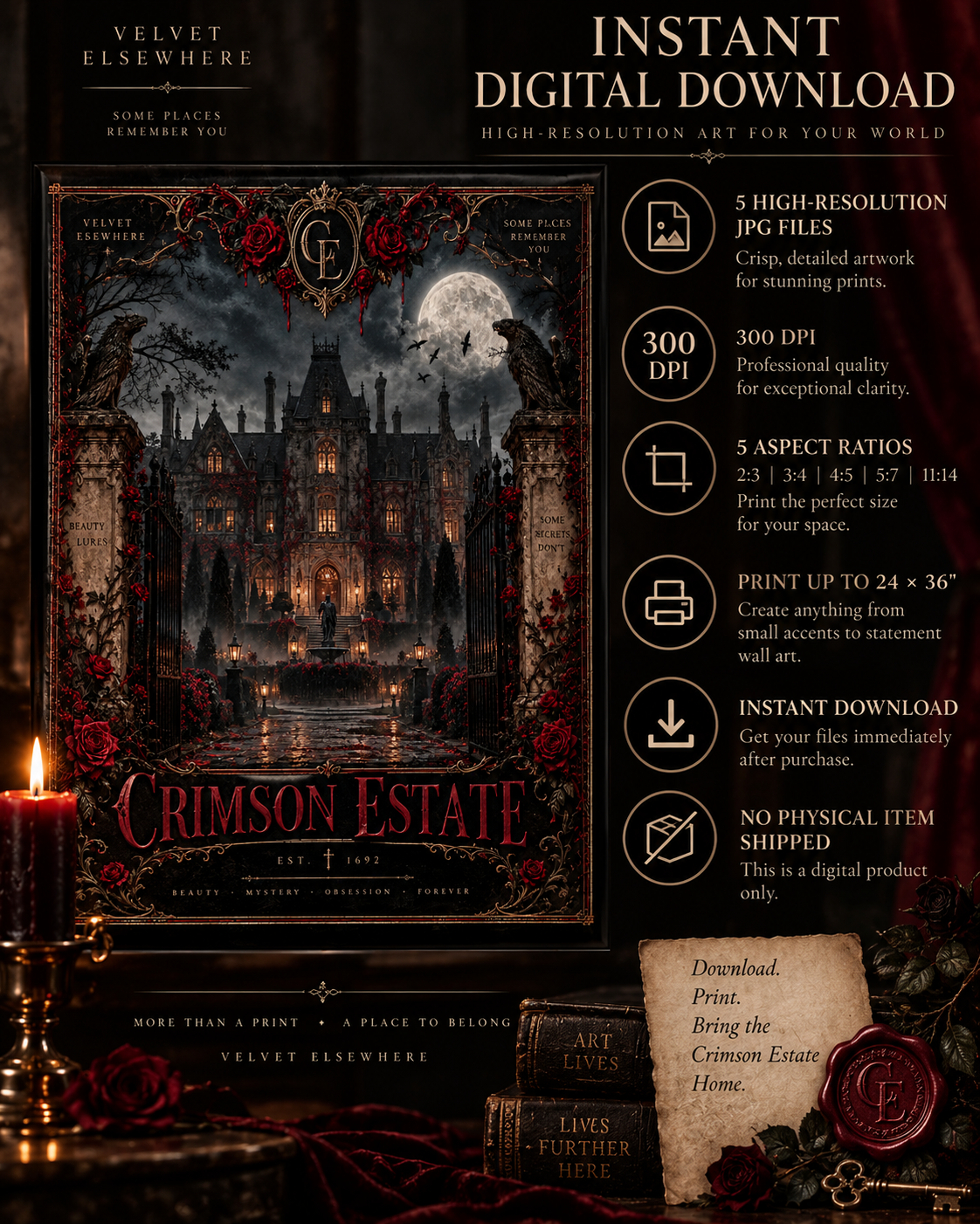 Crimson Estate — Gothic Mansion Digital Art Print