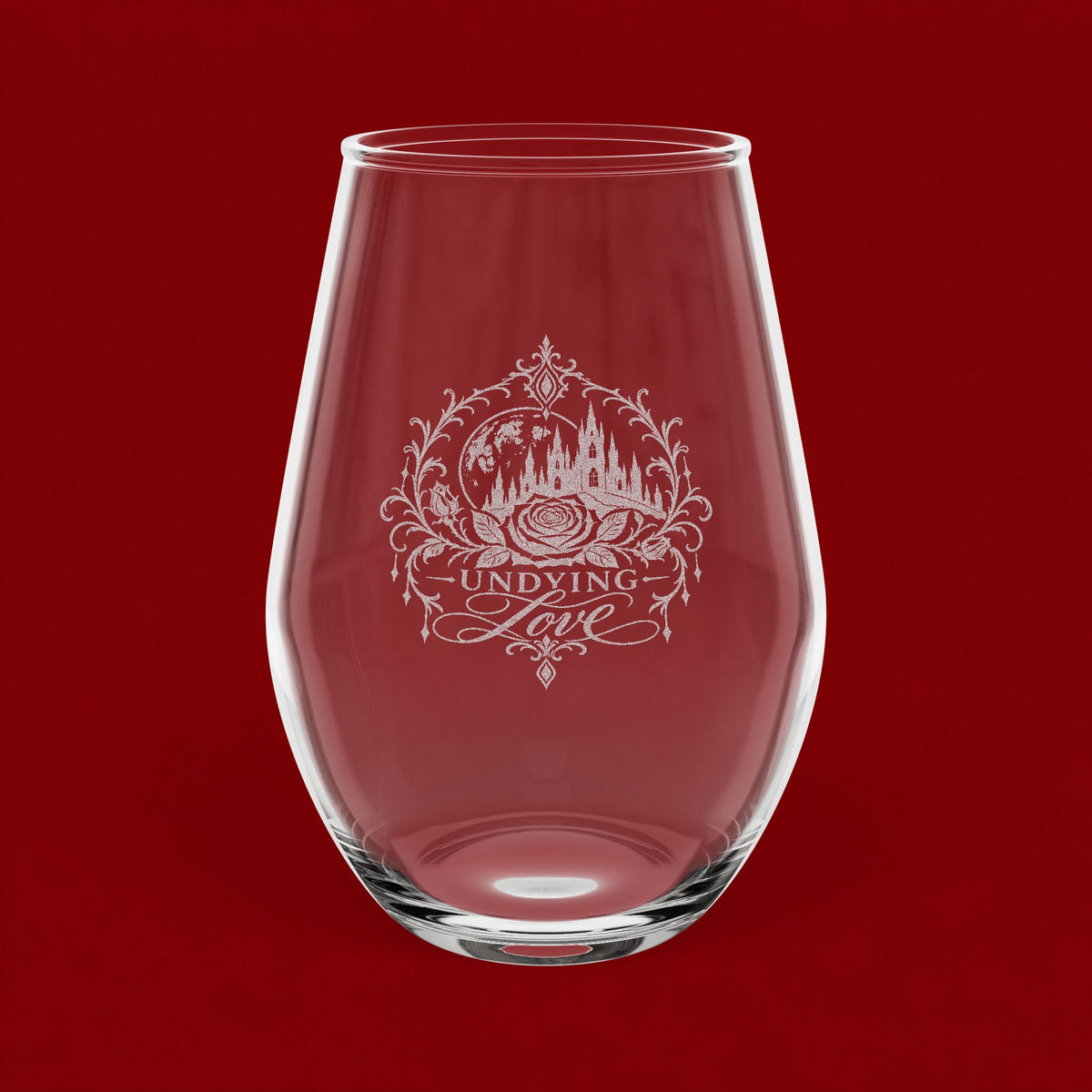 Undying Love Engraved Stemless Wine Glass – Gothic Romance 11.5 oz