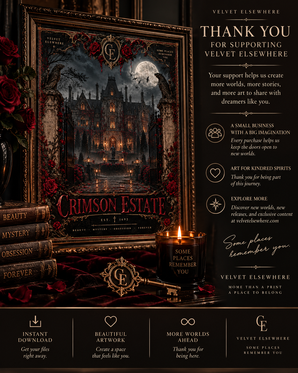 Crimson Estate — Gothic Mansion Digital Art Print